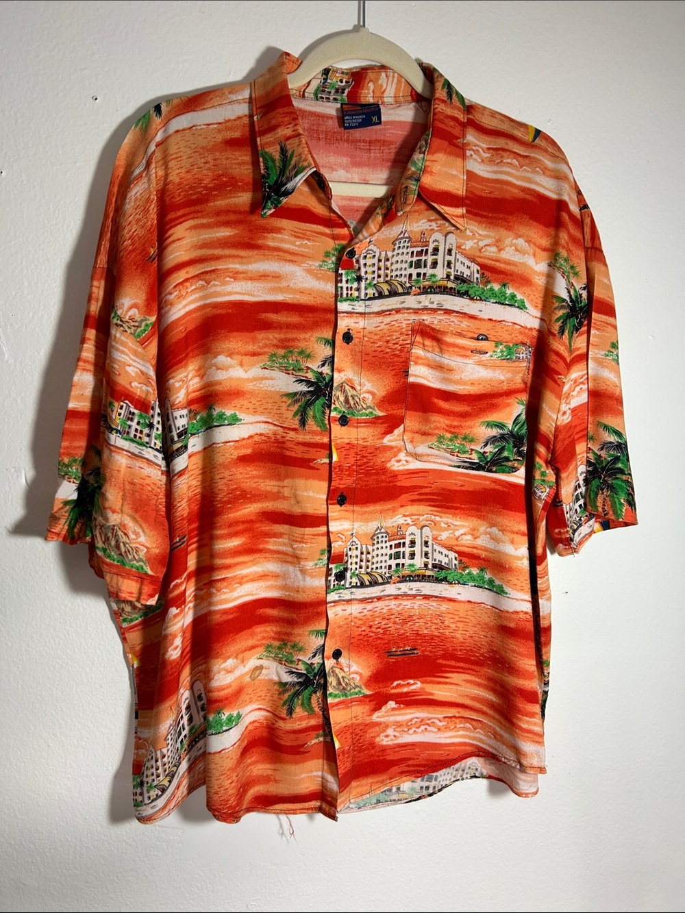 Vintage-Style Orange Tropical Print Short-Sleeve Button-Down Shirt